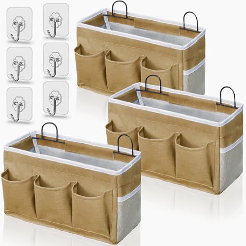 Kanrichu 2pcs 3-pockets Large Wall Hanging Organizer Bag, Linen Fabric Door Hanging Storage Baskets with Pockets, Waterproof Bin for Kitchen, Bedroom, Office, RV Camper (Khaki-3pcs) - color: Khaki-3pcs