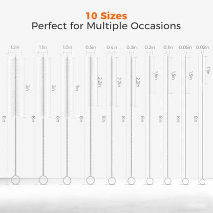 10-Packs Premium Straw Cleaner Brush in Mixed Sizes, 8IN Long Reusable Stainless Steel Cleaning Brushes Set with Soft Sturdy Nylon Bristles for Metal Straws, Sippy Cups, Tumblers & Bottles