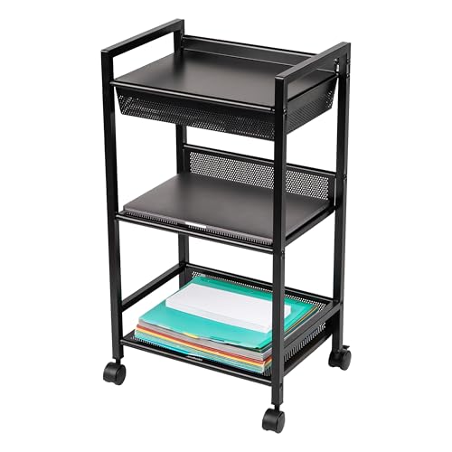 Mind Reader Cart with Covered Compartment, Office Organizer, Storage, 3-Tier, Office, Metal, 15.5" L x 11" W x 28.25" H, Black - style: 3-Tier with Handles