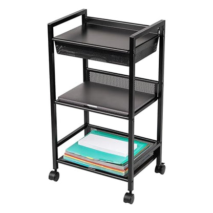 Mind Reader Cart with Covered Compartment, Office Organizer, Storage, 3-Tier, Office, Metal, 15.5" L x 11" W x 28.25" H, Black - style: 3-Tier with Handles