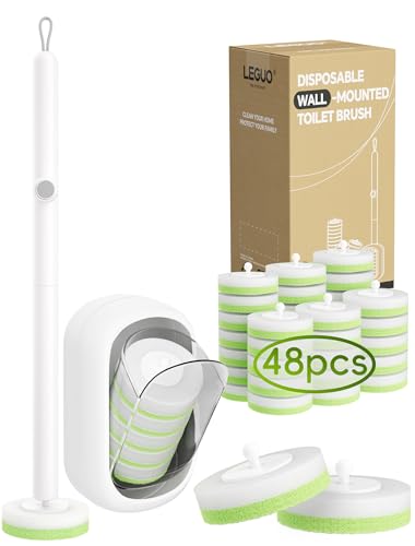 Wall Mounted Disposable Toilet Brush System with Holder, Toilet Bowl Cleaning Wand with Green Refills and One-Button Release, 1 Wand and Holder with 48 Green Refills