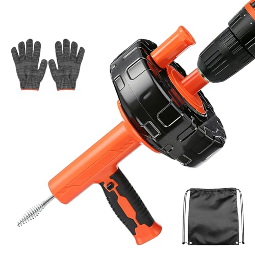 Auto-Feed Drain Snake Auger 25 ft with Drill Adapter, Plumbing Snake Drain Hair Removal Tool, Drain Auger Snake Hair Drain Clog Remover for Shower Kitchen Bathroom Sink, Come with Gloves