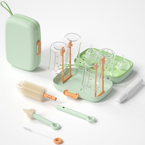 7in1 Travel Bottle Cleaner kit,Baby Essentials, with Bottle Brush、Nipple Brush、Straw Cleaner Brush、Soap Dispenser、Bottle Drying Rack、Drainage Tray、Storage Box,Baby Travel Essential (Green) - color: Green