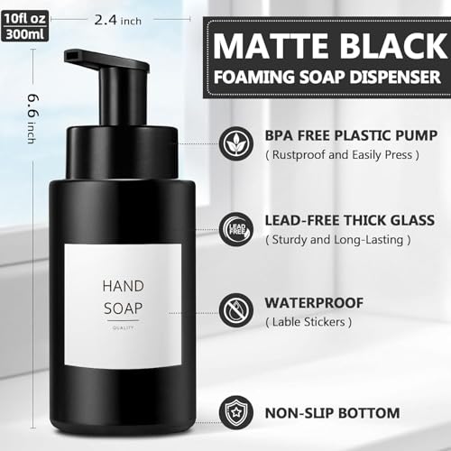 RYTOXILO Matte Black Foaming Hand Soap Dispenser, 10 oz/300ml Glass Foam Dispenser, 2 Pcs Foaming Soap Dispenser for Bathroom, Black Refillable Pump with Waterproof Labels - color: Black Bottle, size: 10 Fl oz