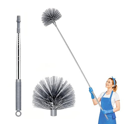 Cobweb Duster with Extension Pole, Upgraded Heavy Duty Thickened Stainless Steel Telescopic Handle for High Ceilings & Ceiling Fans, 90" Total Reach (15.7" Compact), Medium Stiff Bristles (Grey) - color: Gray