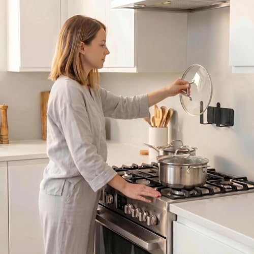 Pot Lid Rack, Wall Mounted 304 Stainless Steel Multi-Functional Storage Holder, Fits Cutting Boards, Pot Lids, Bathroom Scales, Self-Adhesive & Screw Mounting(Black, Set of 2) - color: Black(Set of 2)