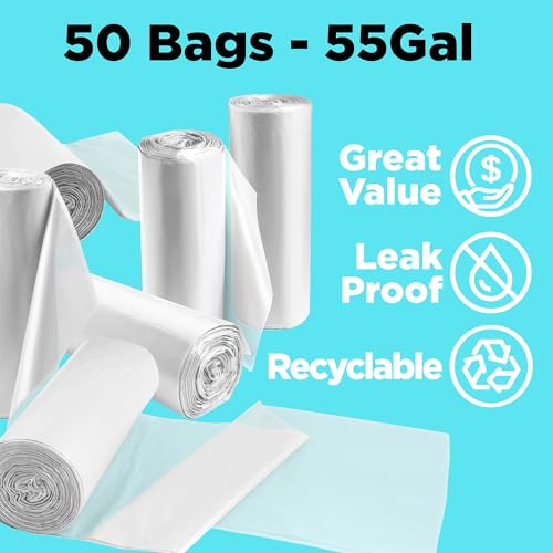 55 Gallon Trash Bags, 3 Mil Contractor Bags, Large Trash Can Liners, 38 x 58" For 55-60 Gallon Trash Cans - Outdoor, Construction, Lawn, Custodian, Landscape, Leaf - Made in USA - (CLEAR, 50 COUNT)