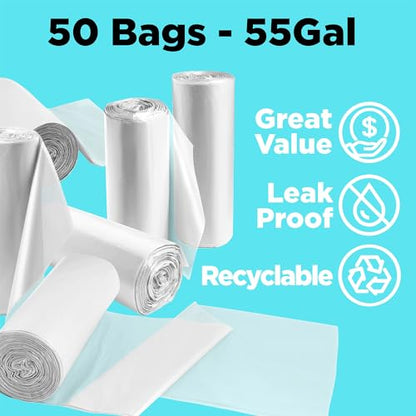 55 Gallon Trash Bags, 3 Mil Contractor Bags, Large Trash Can Liners, 38 x 58" For 55-60 Gallon Trash Cans - Outdoor, Construction, Lawn, Custodian, Landscape, Leaf - Made in USA - (CLEAR, 50 COUNT)