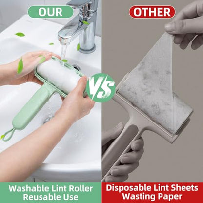 Reusable Lint Roller for Pet Hair Extra Sticky, Washable Silicone Lint Roller Reusable for Clothes, Mini Travel Size Portable Sticky Lint Roller with Handle & Hanging Loop, Green 1 Pack