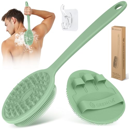 Silicone Back Scrubber & Bath Glove Set 2PCS, 13.4'' Gentle Shower Back Scrubber with Dual-Side Head Non-Slip Handle, 360° Anti-Slip Hand-fit Bath Glove for Rich Foaming Deep Cleaning(Green) - color: Green*2