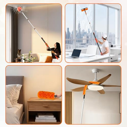 26FT High Reach Duster with Extension Pole 5-20FT, 4-in-1 Cleaning Kit with Universal Swivel Joint | High Ceiling Fan Cleaner, Cobweb Duster & Window Squeegee for Safe High-Reach Cleaning - size: 20FT Pole