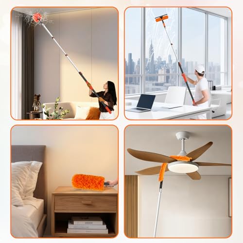 26FT High Reach Duster with Extension Pole 5-20FT, 4-in-1 Cleaning Kit with Universal Swivel Joint | High Ceiling Fan Cleaner, Cobweb Duster & Window Squeegee for Safe High-Reach Cleaning - size: 20FT Pole