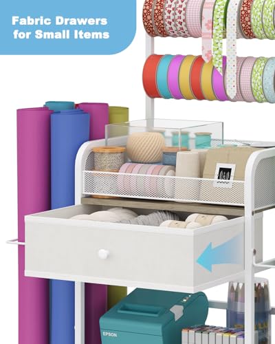 Rsaayekkt Rolling Wrapping Paper Storage Cart with Fabric Drawer White | Vertical gift wrapping organizer storage, fits 12x12 scrapbook paper, heavy duty craft cart with wheels, space saving station - color: White-bilateral