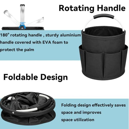 UFORU Cleaning Caddy with Handle, 17L Foldable Cleaning Supply Organizer with 6 Pockets, Portable Cleaning Products Basket, Oxford Fabric Storage Caddy for Home, Garden, Camping, Black