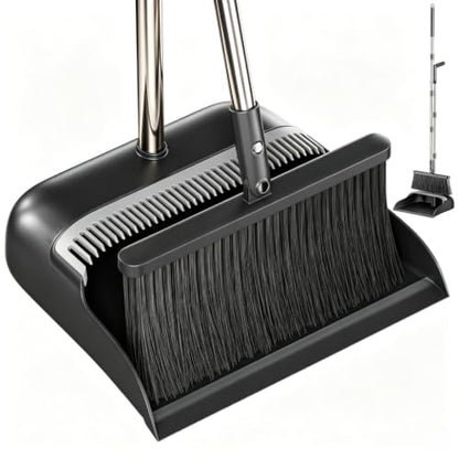 Broom and Dustpan Set, 52" Long Handle Standing Broom with Dustpan Combo Set with Dust Pan Teeth to Clean Pet Hair, Easy Sweeping Suitable for Home Kitchen Office Lobby