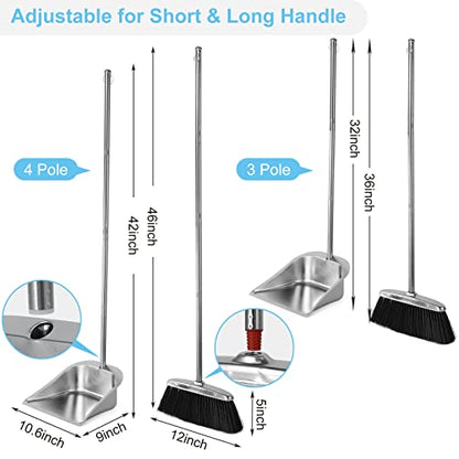 VOOWO Heavy Duty Broom and Dust pan Set, Stainless Steel Broom and Dustpan Set with Long Handle, Broom with Dustpan Set for Home Standing Dust Pan Indoor Outdoor Brooms Dustpan - color: Black Broom and Dustpan Set
