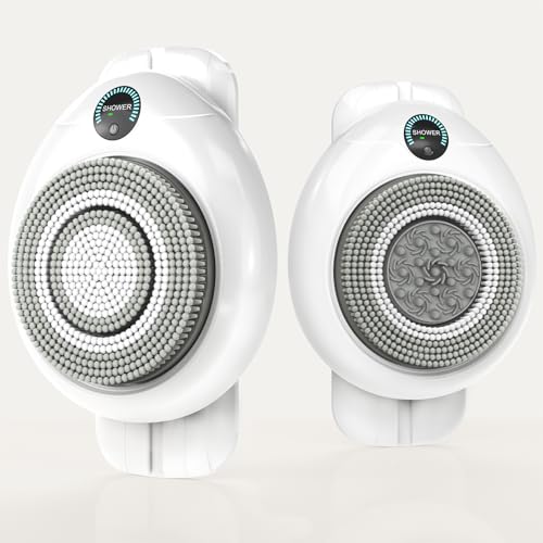 Electric Back Scrubber for Shower - Wall Mounted Exfoliating Brush, Hands-Free Automatic Body Scrubber, IPX7 Waterproof, 3-Speed Adjustment, 3 Replaceable Heads with 50pcs Disposable Shower Caps - color: White