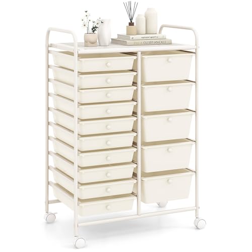 RELAX4LIFE 15-Drawer Storage Drawer Carts - Mobile Rolling Utility Cart w/Wheels, Craft Organizer for Classroom Organization and Storage, School, Office, Home, Storage Organizer Cart (White) - color: White, style: 15 Drawers-34.5"