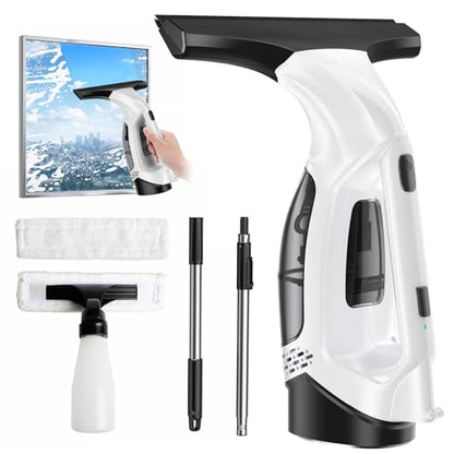 Cordless Window Vacuum Squeegee with Extension Pole, Electric Window Cleaner with Water Collection Tank, Portable Cleaning Kit for Glass Doors, Windows, Mirrors and Car（White）