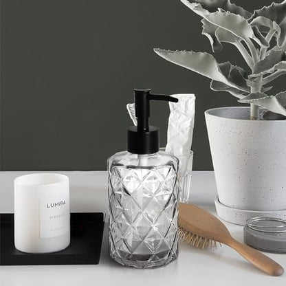 2Pcs Clear Glass Soap Dispenser with Pump, 11oz Diamond Design Refillable Soap Dispenser for Hand Wash, Dish Wash for Dishwashing Liquid, Lotions, Essential Oil - color: Diamond Clear