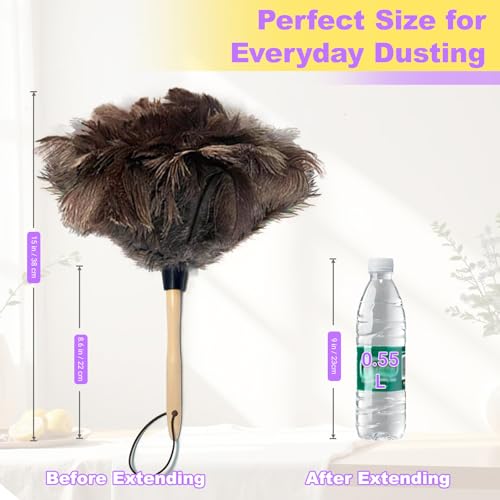 NCEDN Genuine Ostrich Feather Duster 15 inches – Soft Dense Real Feathers, Wooden Handle, Feather Duster for Cleaning Furniture, Blinds & Car Interior - color: Beige + Natural