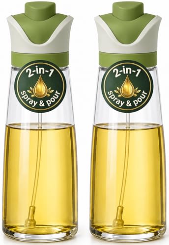 Olive Oil Dispenser for Kitchen 2-in-1 Pour and Spray | 11.5 oz / 340 ml | Glass Olive Oil Sprayer for Cooking, Airfryer, Salad & BBQ | Set of 2 Bottles, Green - color: Green