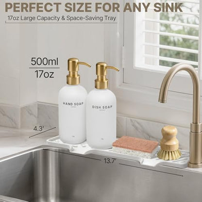 Kitchen Soap Dispenser Set - Dish Soap Dispenser for Kitchen with Self Drain Tray, 17oz Glass Bottle, Stainless Steel Pump, Sponge, and Dish Brush - Gold - color: White Bottle + Gold Pump
