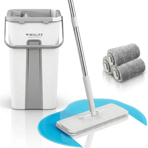 VIMALIFE Mop and Bucket Set with Wringer, Self Cleaning Flat Mop and Bucket System, 2 Parts Bucket Wash & Dry System, 360° Rotating, 3 Microfiber Pads Included Ideal for Homes, Floor & Wall Ceilings
