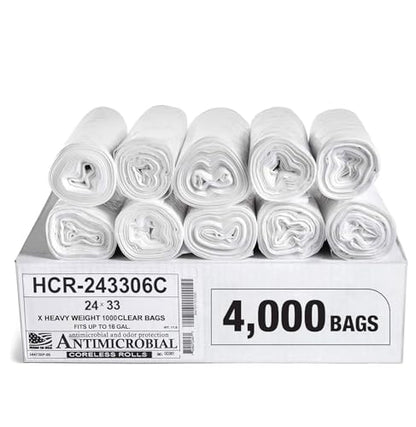 Aluf Plastics High Density Trash Bags, 16 Gallon, 4000 Count, 6 Micron (eq), 24" x 33", Clear, for Bathroom, Office, Industrial, Commercial, Janitorial, Municipal, Recycling - color: Clear, style: 12-16 Gal, 6 Micron Equiv, 4,000 Count