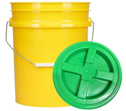 House Naturals 5 Gallon Plastic Yellow Food Grade BPA Free Made in USA Bucket Pail with Air Tight Double Gasket Screw on Lid(Pack of 3) (Yellow and Green lids) - color: Yellow and Green Lids