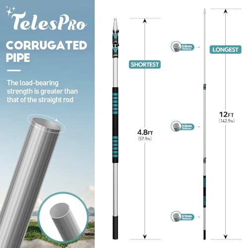 TelesPro 20 Foot High Reach Duster Kit with 5-12FT Extension Pole High Ceiling Dusting and Window Cleaning Kit with Telescopic Pole Window Washer&Squeegee,Cobweb Duster,Fan Duster and Feather Duster - size: 12 FT