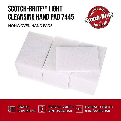 Scotch-Brite Light Cleansing Hand Pad 7445, 6 in x 9 in, Mild Abrasive Hand Sanding Pad, For Metal, Vinyl, Porcelain and Other Delicate Surfaces, Pack of 20