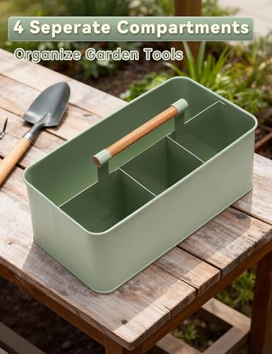 Gardening Tool Caddy, Garden Tool Basket with 4 Compartments, Metal Garden Caddy with Wooden Handle for Indoor & Outdoor - color: Green