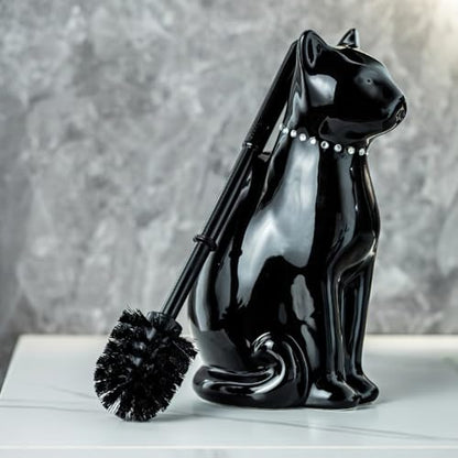 Cat Toilet Brush Holder - Ceramic Whimsical Feline Design with Wide-Mouth Storage, Black Toilet Bowl Brush and Holder Set Cute for Bathroom Ground, Easy-Clean Cat Lover Gift (Black)