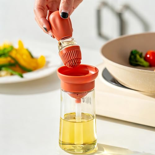 Oil Dispenser Bottle with Brush, 2 IN 1 Glass Olive Oil Container with Silicone Basting Brushes for Kitchen, BBQ, Cooking, Sauce, Seasoning, Vinegar, Air Frying, Adjustable Pump Applicator, 6 OZ Red - color: Red, size: 6 Ounces