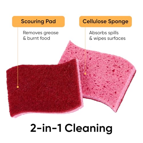Non-Scratch Cellulose Sponge Kitchen Scrub Sponge with Scouring Pad Set, Good for Non-Stick Cookware Frying Pan, Pot, Counter Top, Sink Scrubbing, Kitchen Scrubbers, Pack of 2, (Red/Pink) - color: Red, size: 2-pack