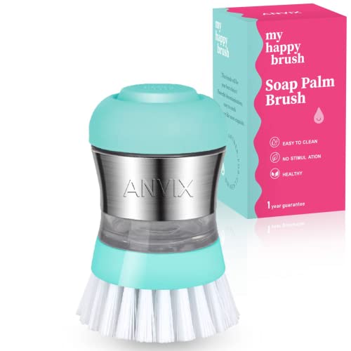 Soap Dispensing Palm Brush – Ergonomic Scrub Brush with Handle – Heavy-Duty Dish Scrubber with Soap Dispenser - Scrub Brushes for Cleaning with Push Button Soap Dispensing-Tiffany Blue