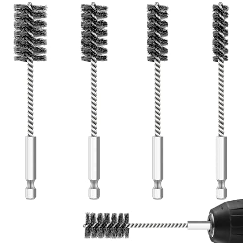 Hicarer 4 Pcs Stainless Steel Wire Brush for Drill Bore Brush Set with Hex Shank Handle Wire Brushes for Drill Ports Tubes Bearings Cleaning Parts Attachments and More, 3/8'', 1/2'', 3/4'', 7/8''