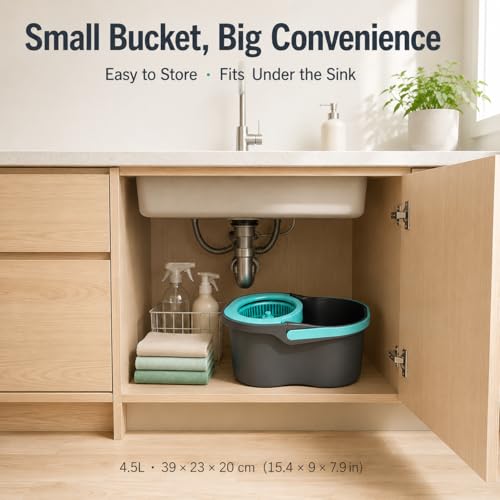 Lambert Home Mop and Bucket Set - Spin Mop with Wringer, Hands-Free Self-Wringing Microfiber Floor Mop, 2 Washable Mop Heads, 42-50 inch Stainless Steel Handle, for Hardwood Tile Laminate, Gray-Blue