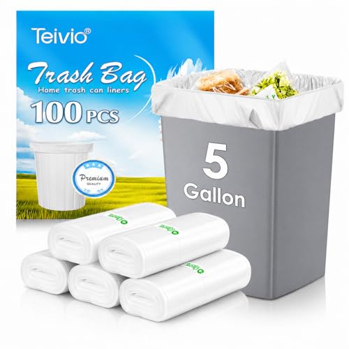 Teivio 5 Gallon 100 Counts Strong Trash Bags Garbage Bags, Bathroom Trash Can Bin Liners, Small Plastic Bags for Home Office Kitchen Kitchen, Clear - size: 1 Count (Pack of 100), style: 100pcs-5 Gallon-Clear