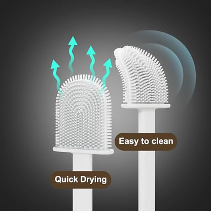 Silicone Toilet Brushes & Holders – Pack of 2 Long Non-Slip Handle, Flexible Bristles for Easy Cleaning – Modern Drip-Free Base, Durable White Bathroom Toilet Brush Set with Holder