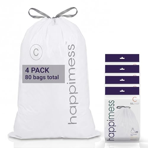 happimess 13.2 Gallon (50L) Drawstring Trash Bags, Unscented, White, Heavy Duty LDPE Liners for Kitchen and Household, Custom Fit 80 Count (4 Packs of 20 Liners) HPM3000C-W-4SET - color: White, size: 80 Count (Pack of 1)
