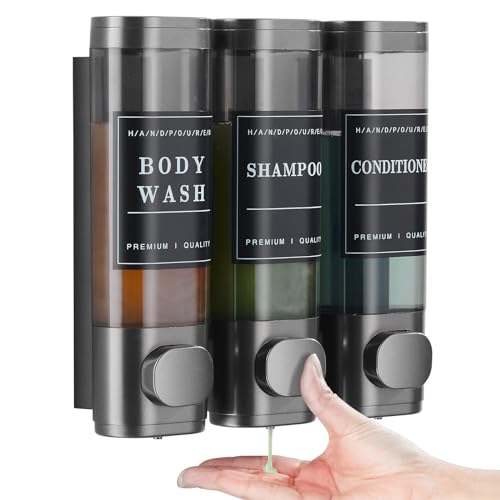 Shampoo and Conditioner Dispenser,Unisence Shower Dispenser 2 Chamber No Drill Wall-Mounted Shampoo Dispenser for Shower Wall Mounted Body Wash Dispenser for Bathroom Hotel Large Capacity,Dark Gray - color: Dark Gray 3 Chamber