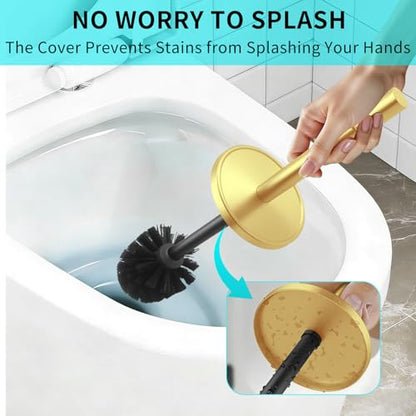 Gold Toilet Brush and Holder Set,304 Stainless Steel Toilet Brush for Bathroom with Long Handle, Heavy Duty Brass Toilet Bowl Brush,Removable Inner Bowl and Splash Protection,Deep Cleaning - color: Brushed Brass