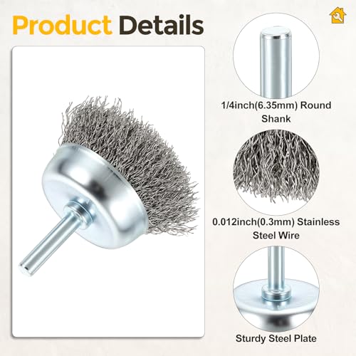 Wire Cup Brush for Drill, 6pcs 2in Crimped Wire Brush for Drill with 1/4in Shank, [for Light Rust Deburring Paint Removal] - 0.012in Stainless Steel Wires