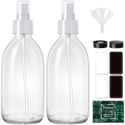 Tecohouse 2 Pack Glass Spray Bottles, 250ml Small Glass Bottles for Cleaning Solutions, Spray Bottles for Essential Oils, Plants, with Durable Nozzle, Labels, Funnel - Clear - color: 8.5 oz Clear-White Lids