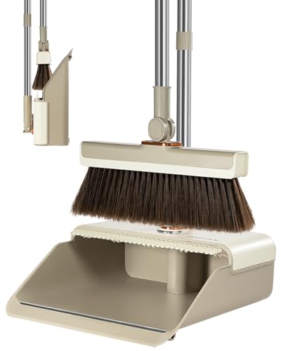 INDCAN Broom and Dustpan Set for Home, 54 Inch Long Handle Upright Broom, Rotatable Broom Head with Magnetic Mount & Self-Cleaning Teeth Comb, Indoor Floor Sweeping Set (Santra Pro) - Sandstone Beige - color: Sandstone Beige