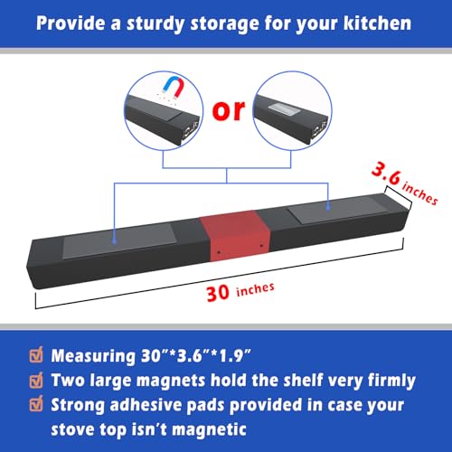 STUTOV 30" Magnetic Stove Top Shelf – Black Spice Rack with Red HOME Design – Seasoning Organizer for Back of Stove – Over Stove and Kitchen Storage Shelf - color: Black with Red HOME