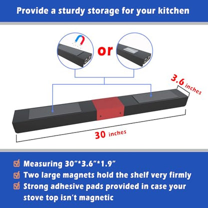 STUTOV 30" Magnetic Stove Top Shelf – Black Spice Rack with Red HOME Design – Seasoning Organizer for Back of Stove – Over Stove and Kitchen Storage Shelf - color: Black with Red HOME