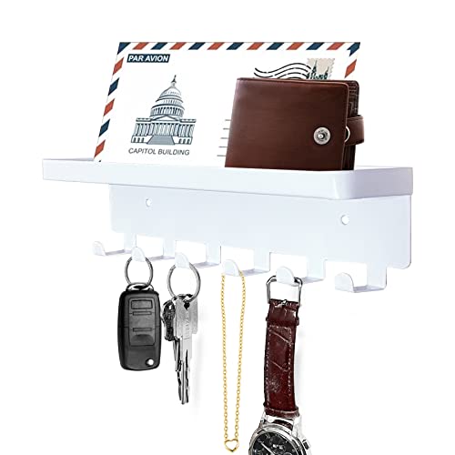 GTK Key Holder for Wall, Key Hooks with Tray and 6 Hooks, Wall Mounted Key Holder for Hallway, Key Rack with Shelf for Mail Storage (White) - color: White with Tray, size: 6 Hooks